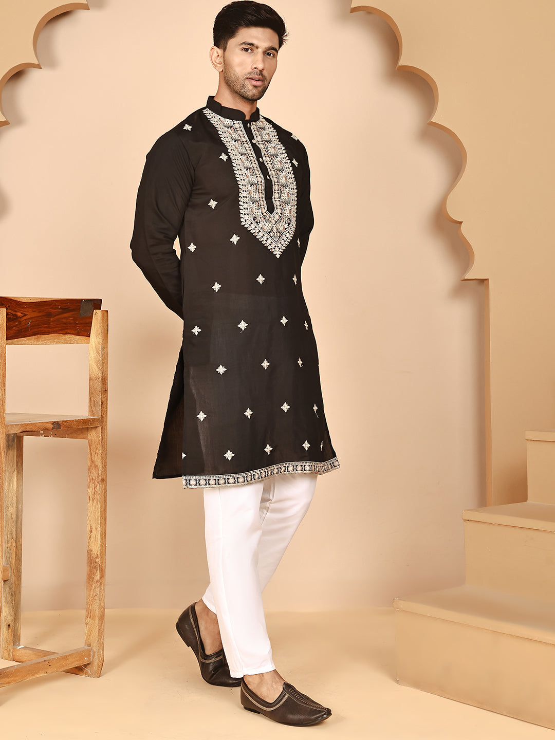 Embroidered Silk Blend Kurta Pyjama Set For Men