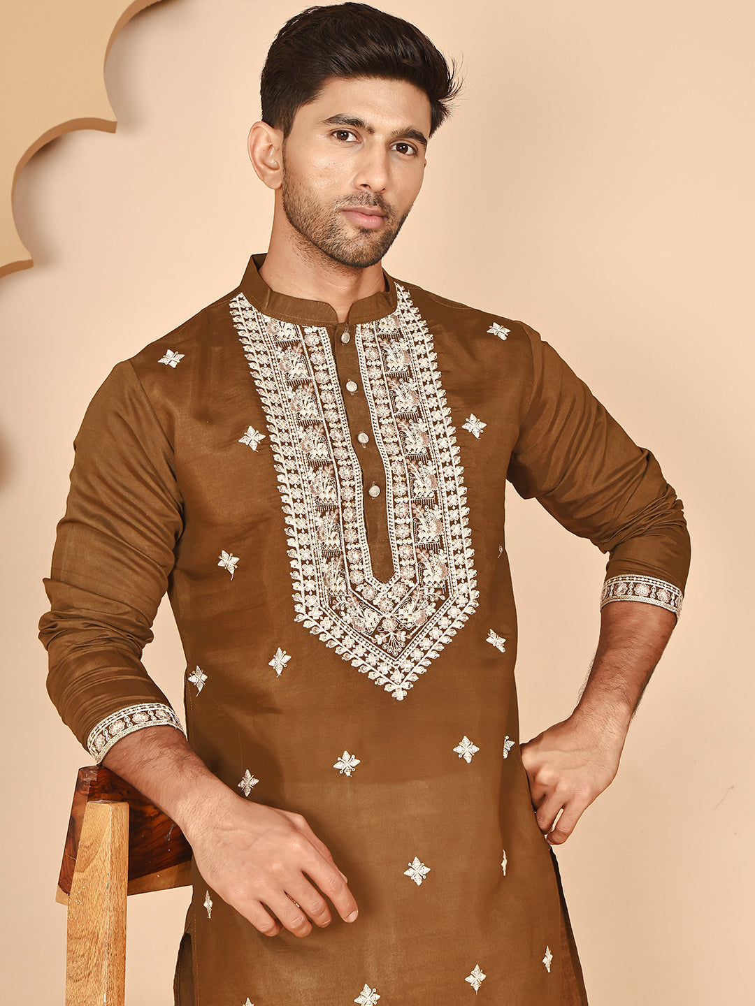 Embroidered Silk Blend Kurta Pyjama Set For Men