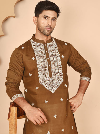 Embroidered Silk Blend Kurta Pyjama Set For Men