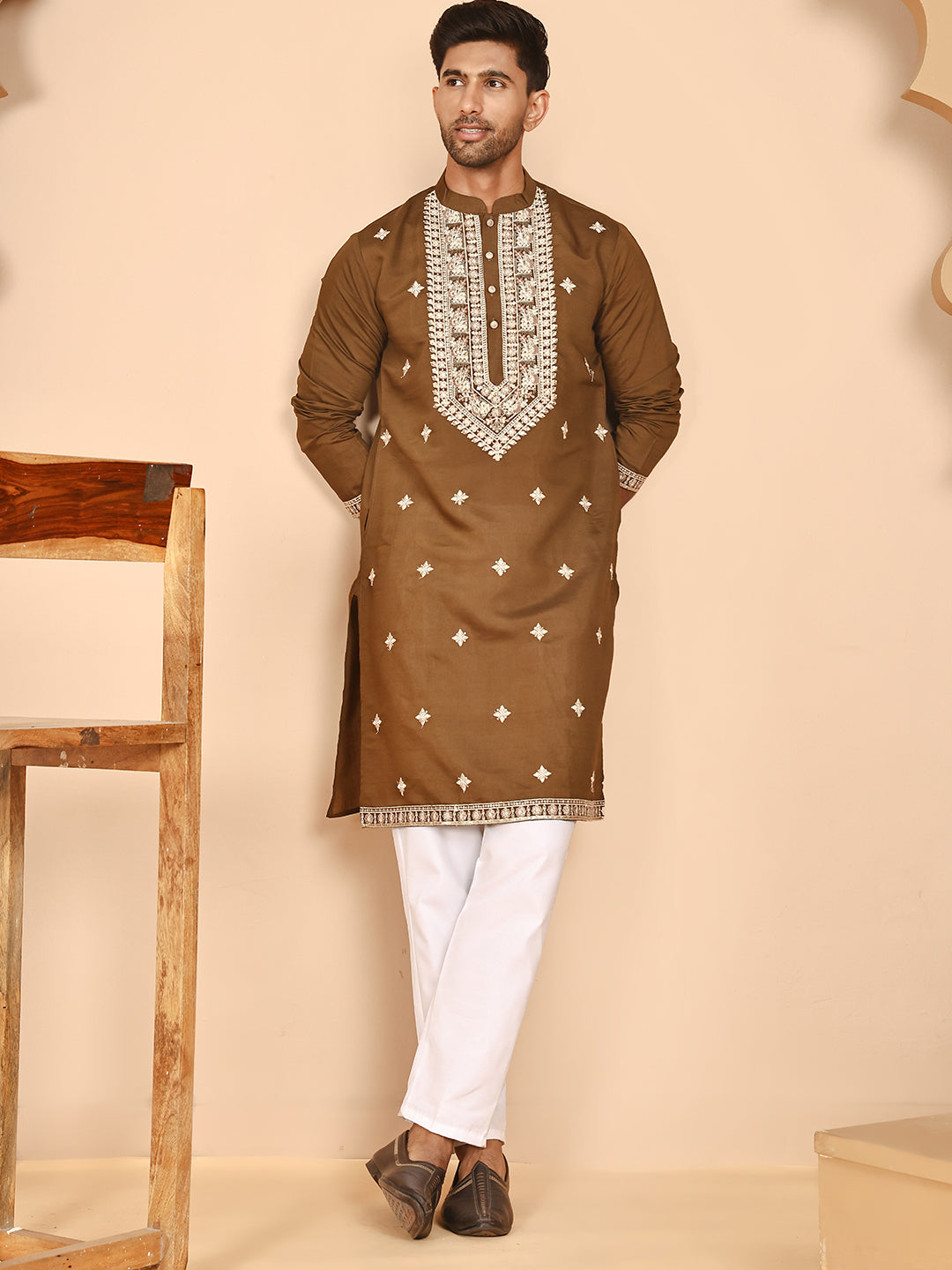 Embroidered Silk Blend Kurta Pyjama Set For Men