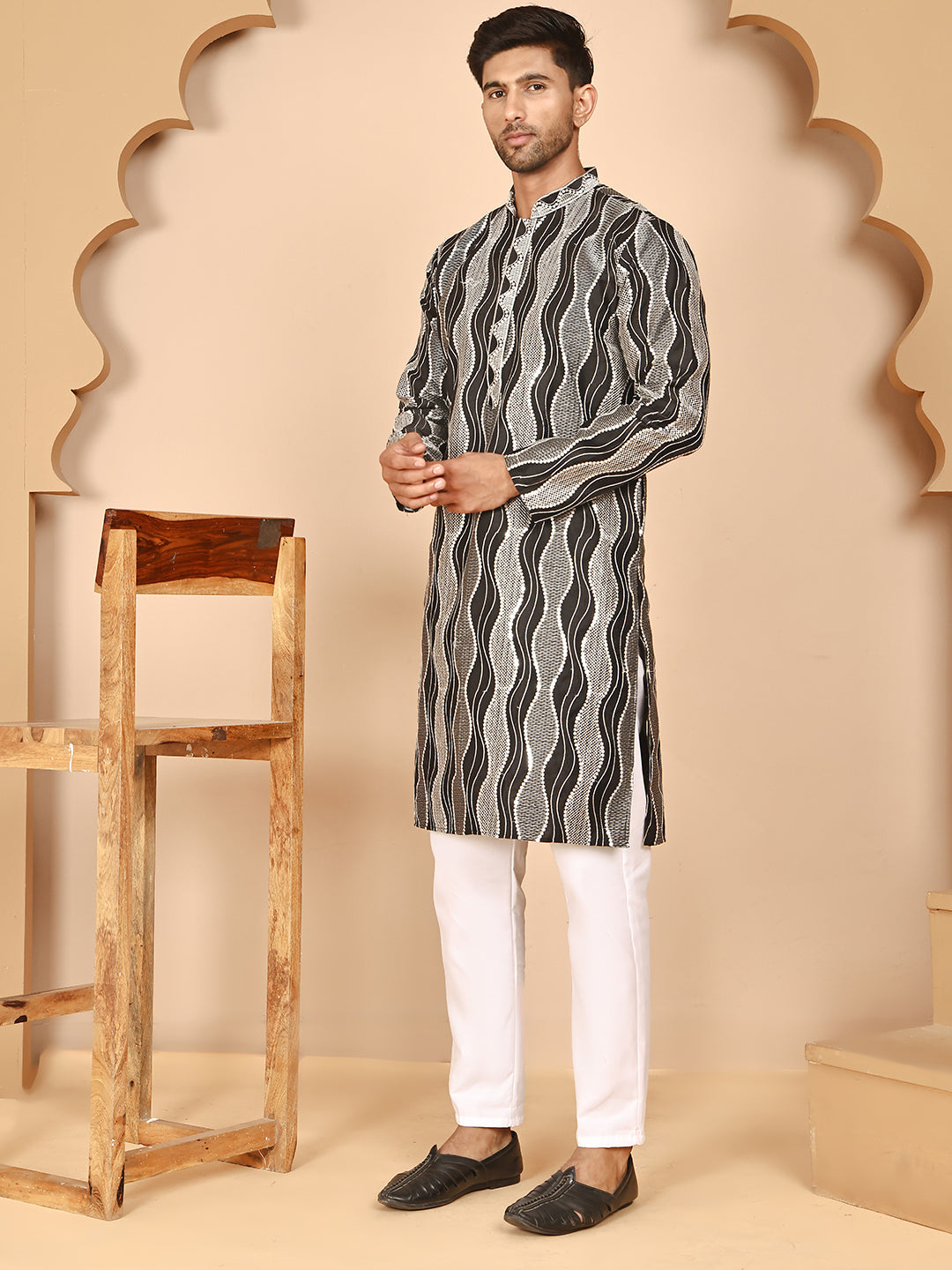 Silk Blend Kurta Pyjama Set With Mirror Work Embroidery