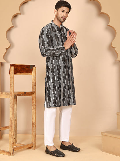 Silk Blend Kurta Pyjama Set With Mirror Work Embroidery