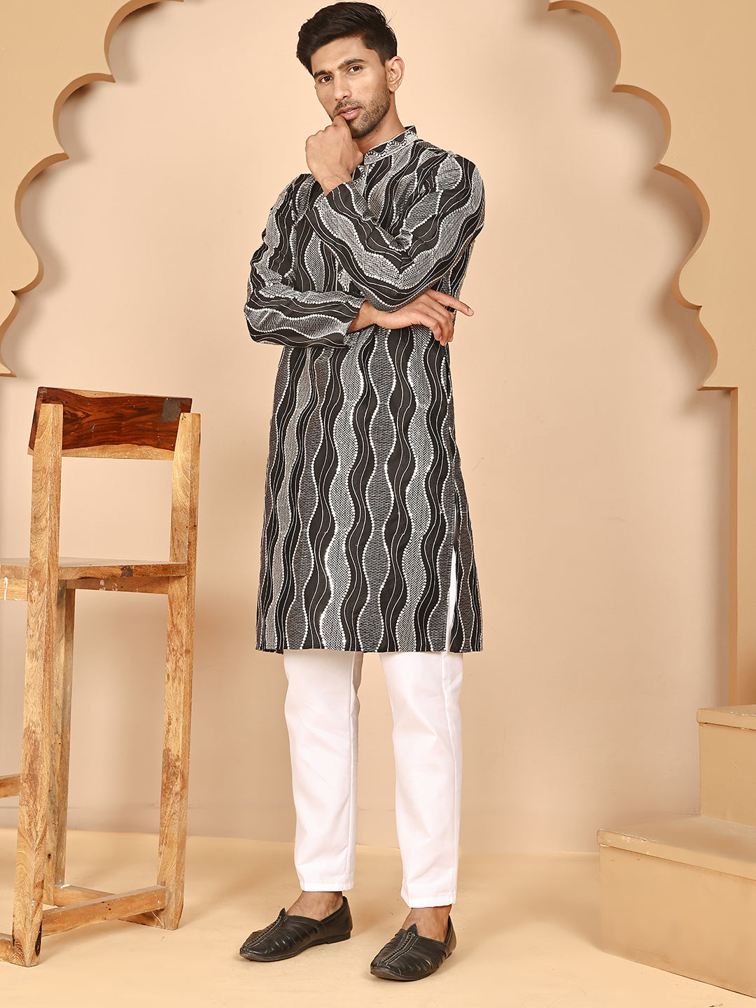 Silk Blend Kurta Pyjama Set With Mirror Work Embroidery