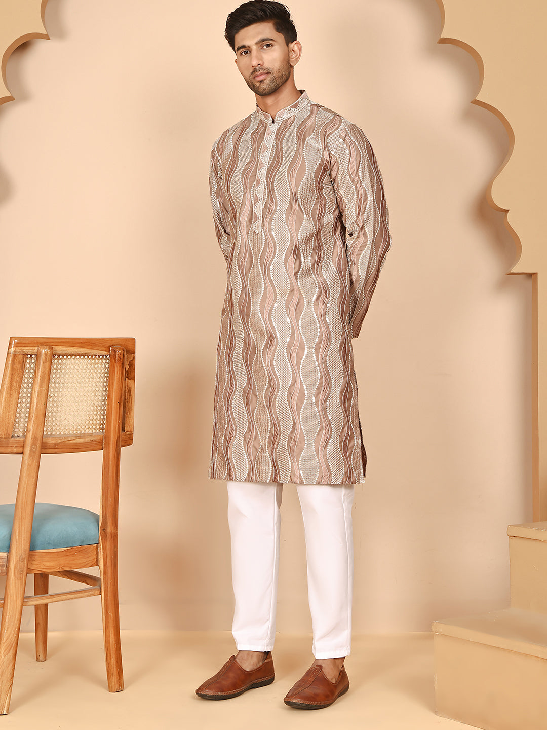 Silk Blend Kurta Pyjama Set With Mirror Work Embroidery