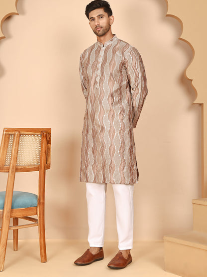 Silk Blend Kurta Pyjama Set With Mirror Work Embroidery