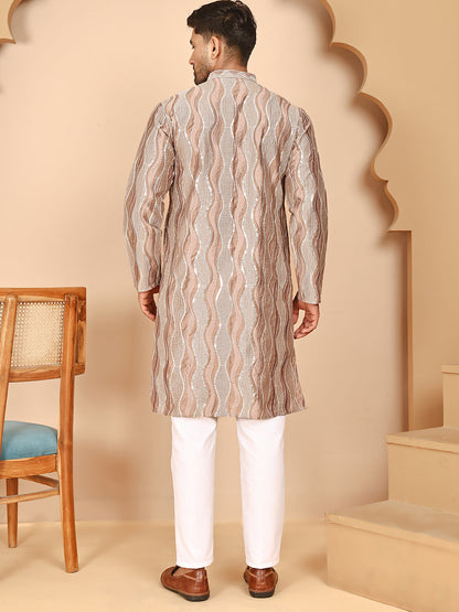 Silk Blend Kurta Pyjama Set With Mirror Work Embroidery