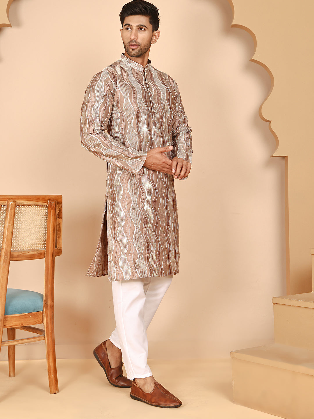 Silk Blend Kurta Pyjama Set With Mirror Work Embroidery