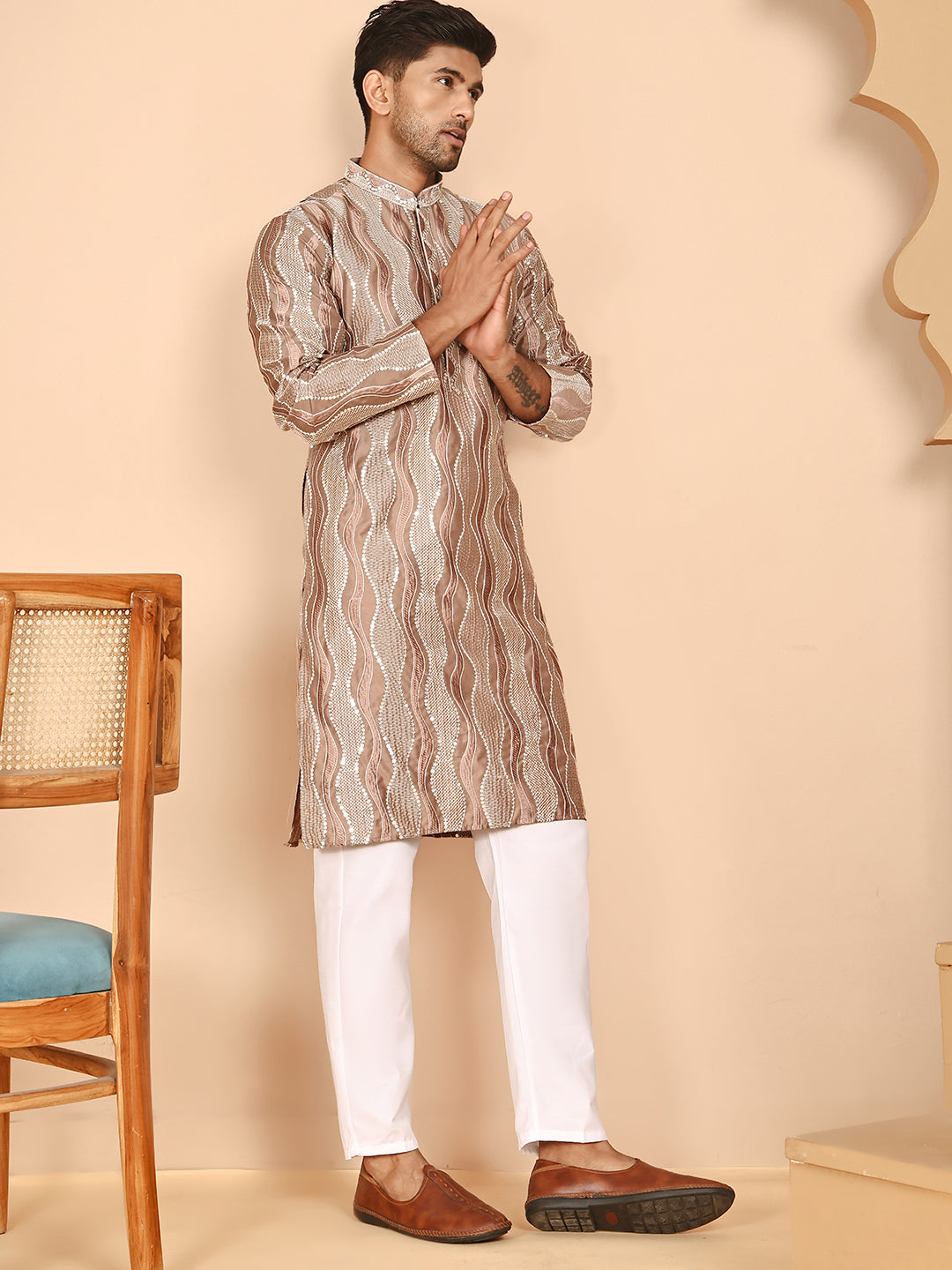 Silk Blend Kurta Pyjama Set With Mirror Work Embroidery