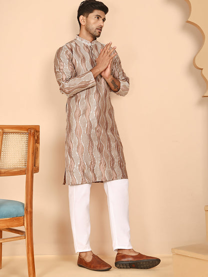 Silk Blend Kurta Pyjama Set With Mirror Work Embroidery