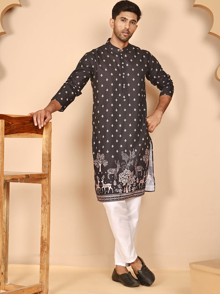 Men’S Ethnic Printed Kurta With White Pyjama