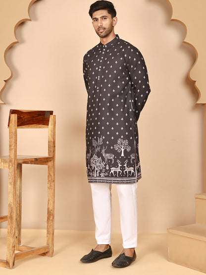 Men’S Ethnic Printed Kurta With White Pyjama