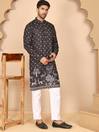 Men’S Ethnic Printed Kurta With White Pyjama