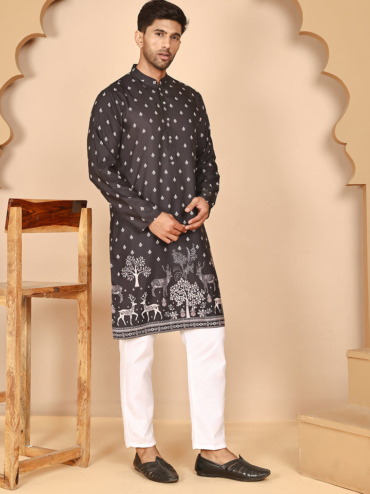 Men’S Ethnic Printed Kurta With White Pyjama