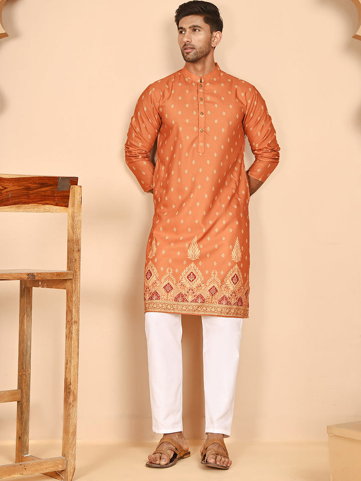 Men’S Ethnic Printed Kurta With White Pyjama