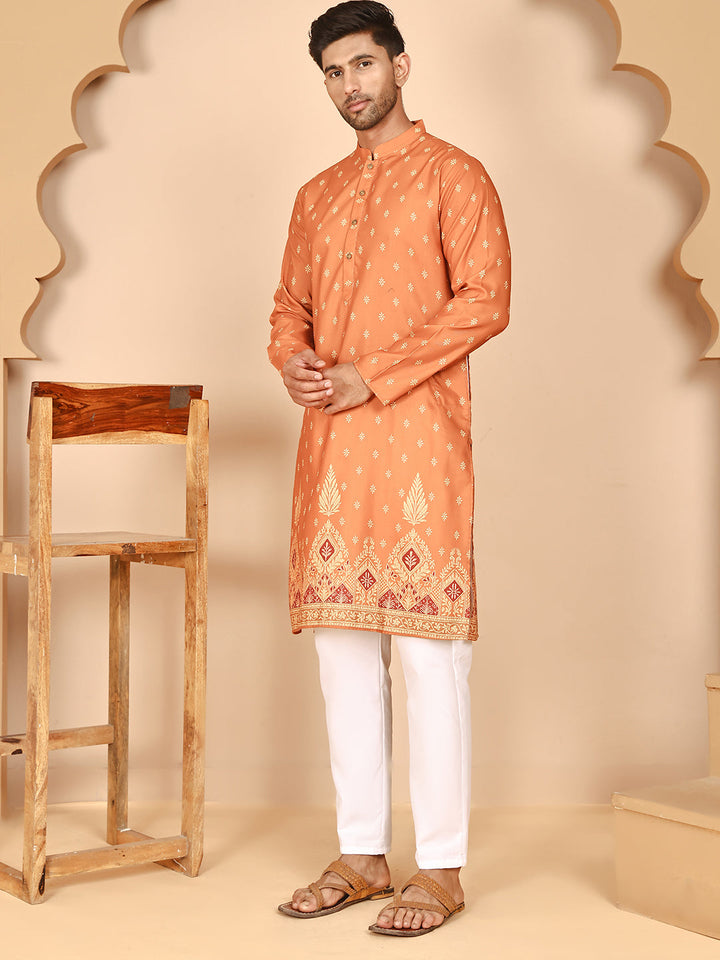 Men’S Ethnic Printed Kurta With White Pyjama