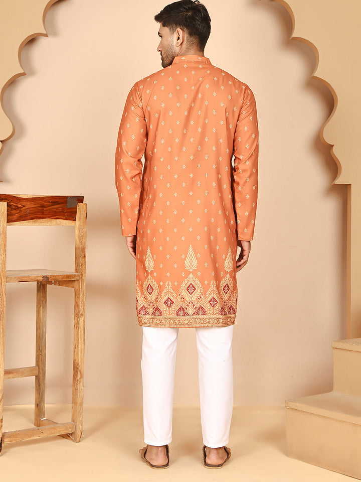 Men’S Ethnic Printed Kurta With White Pyjama