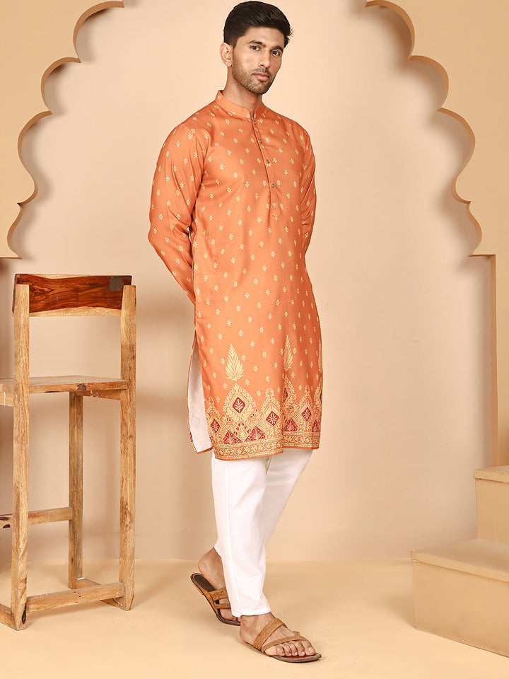 Men’S Ethnic Printed Kurta With White Pyjama