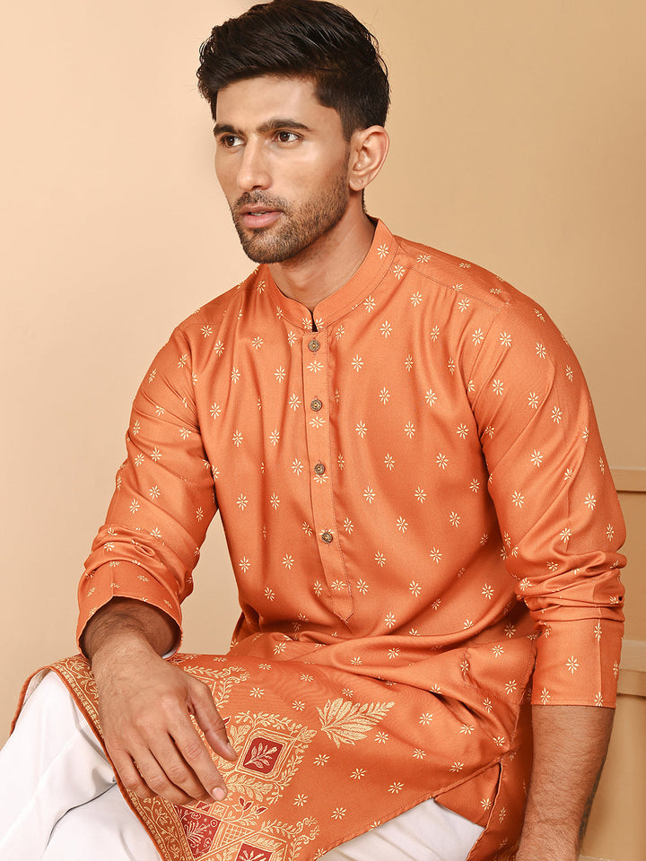 Men’S Ethnic Printed Kurta With White Pyjama