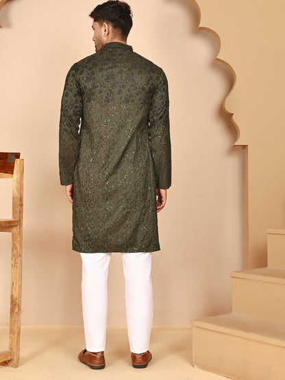 Men'S Olive Embroidered Kurta Pyjama Set