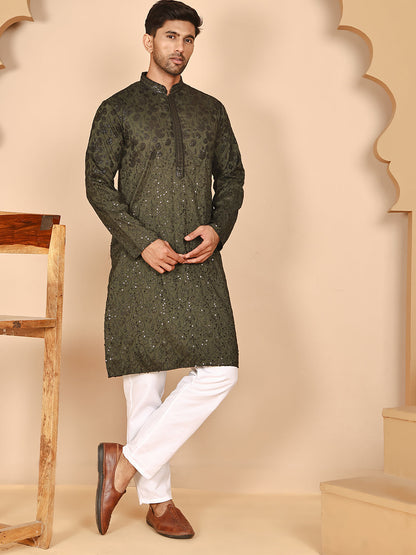 Men'S Olive Embroidered Kurta Pyjama Set