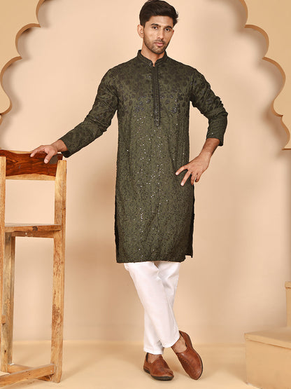 Men'S Olive Embroidered Kurta Pyjama Set