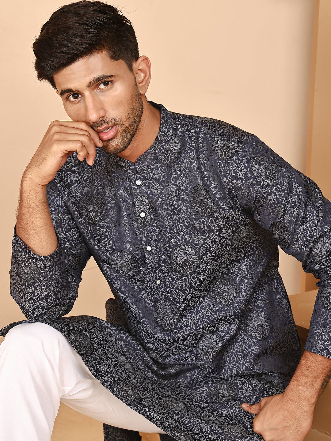 Grey Jacquard Silk Kurta Pyjama Set For Men
