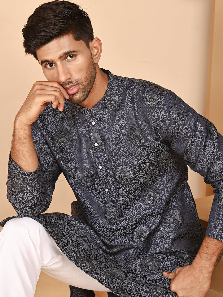 Grey Jacquard Silk Kurta Pyjama Set For Men
