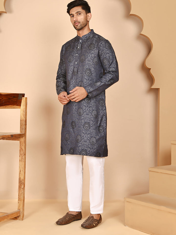 Grey Jacquard Silk Kurta Pyjama Set For Men