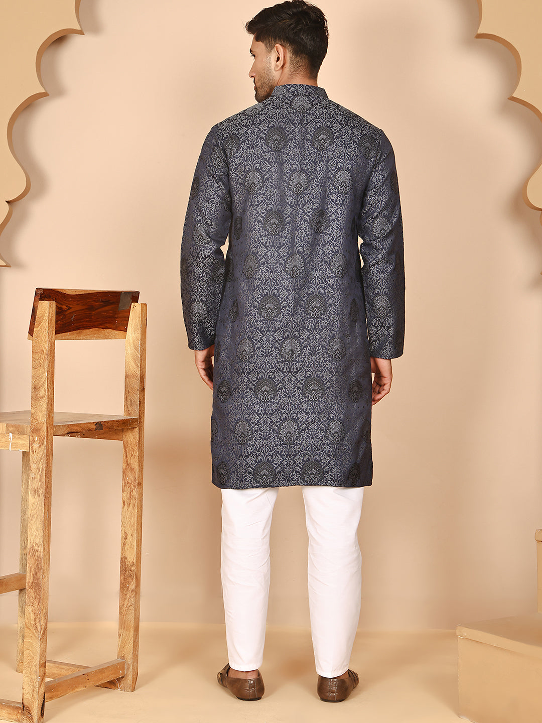 Grey Jacquard Silk Kurta Pyjama Set For Men