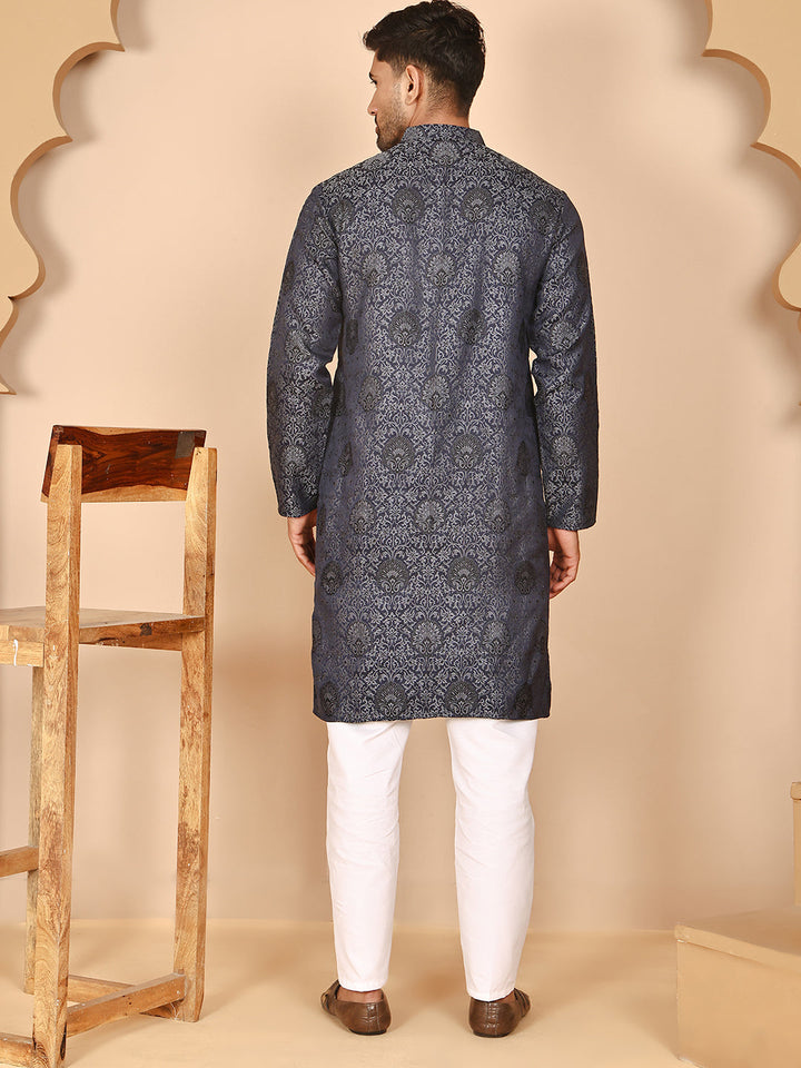 Grey Jacquard Silk Kurta Pyjama Set For Men