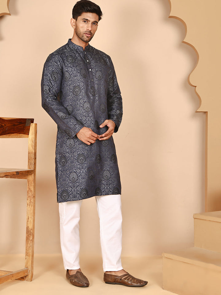 Grey Jacquard Silk Kurta Pyjama Set For Men