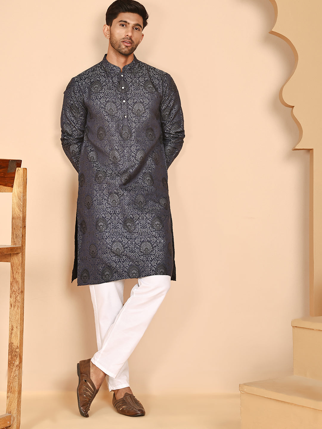 Grey Jacquard Silk Kurta Pyjama Set For Men
