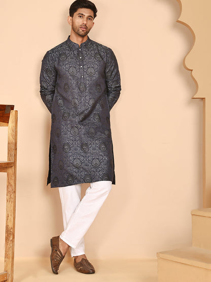 Grey Jacquard Silk Kurta Pyjama Set For Men