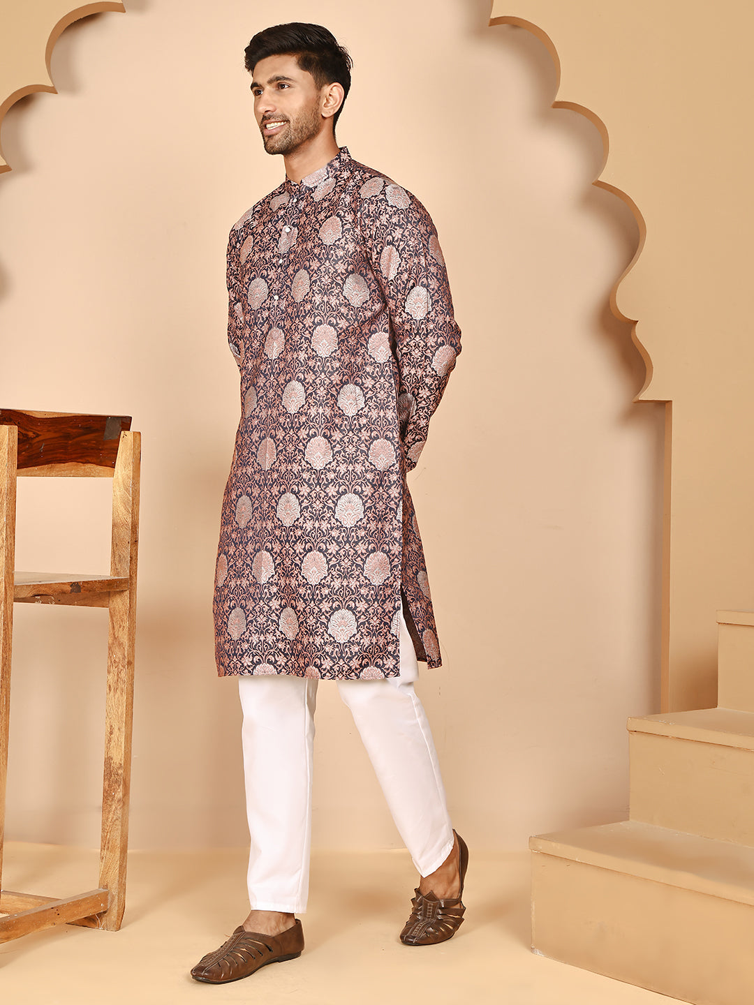 Peach Jacquard Silk Kurta Pyjama Set For Men