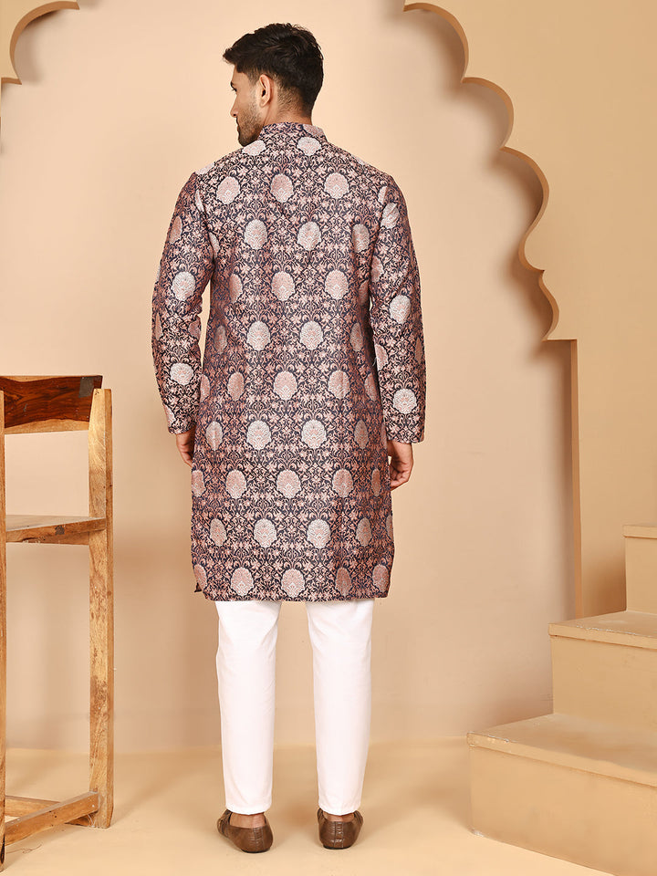 Peach Jacquard Silk Kurta Pyjama Set For Men