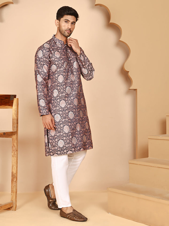 Peach Jacquard Silk Kurta Pyjama Set For Men
