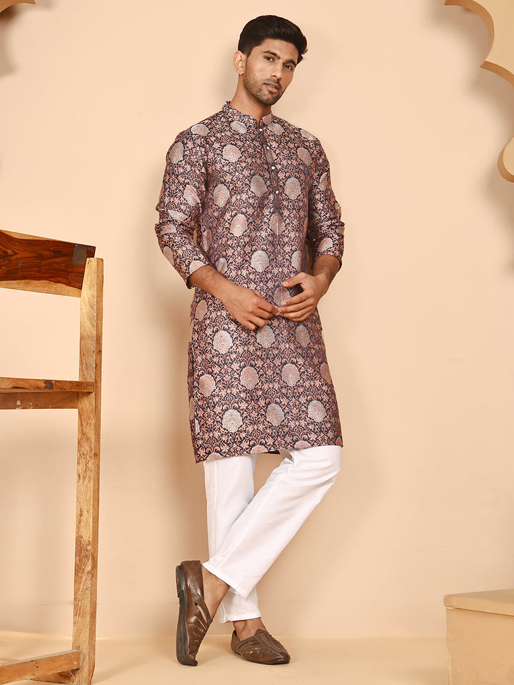 Peach Jacquard Silk Kurta Pyjama Set For Men