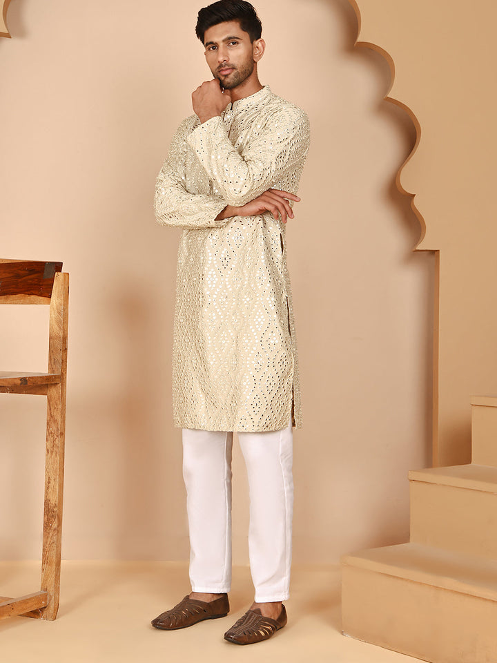 Traditional Mirror Embroidered Kurta Set For Men