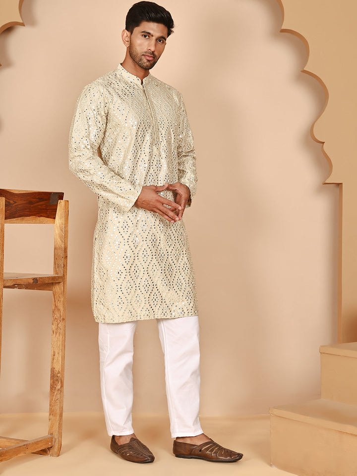 Traditional Mirror Embroidered Kurta Set For Men