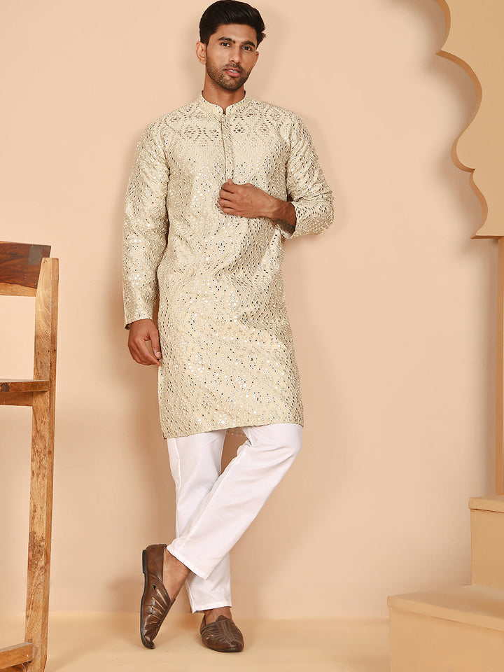 Traditional Mirror Embroidered Kurta Set For Men