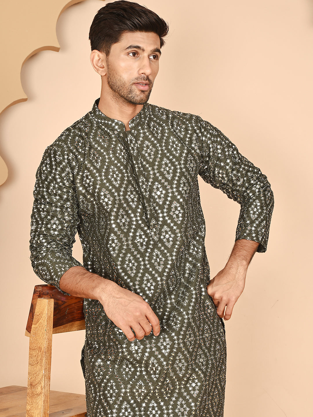 Traditional Mirror Embroidered Kurta Set For Men