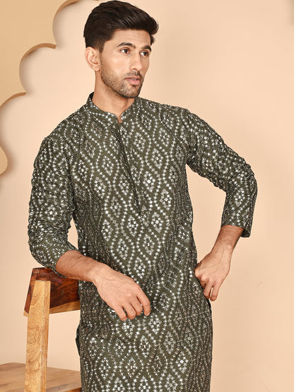 Traditional Mirror Embroidered Kurta Set For Men