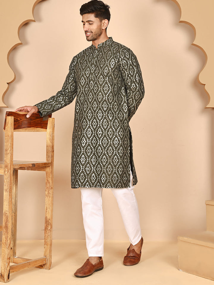 Traditional Mirror Embroidered Kurta Set For Men