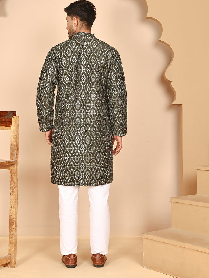 Traditional Mirror Embroidered Kurta Set For Men