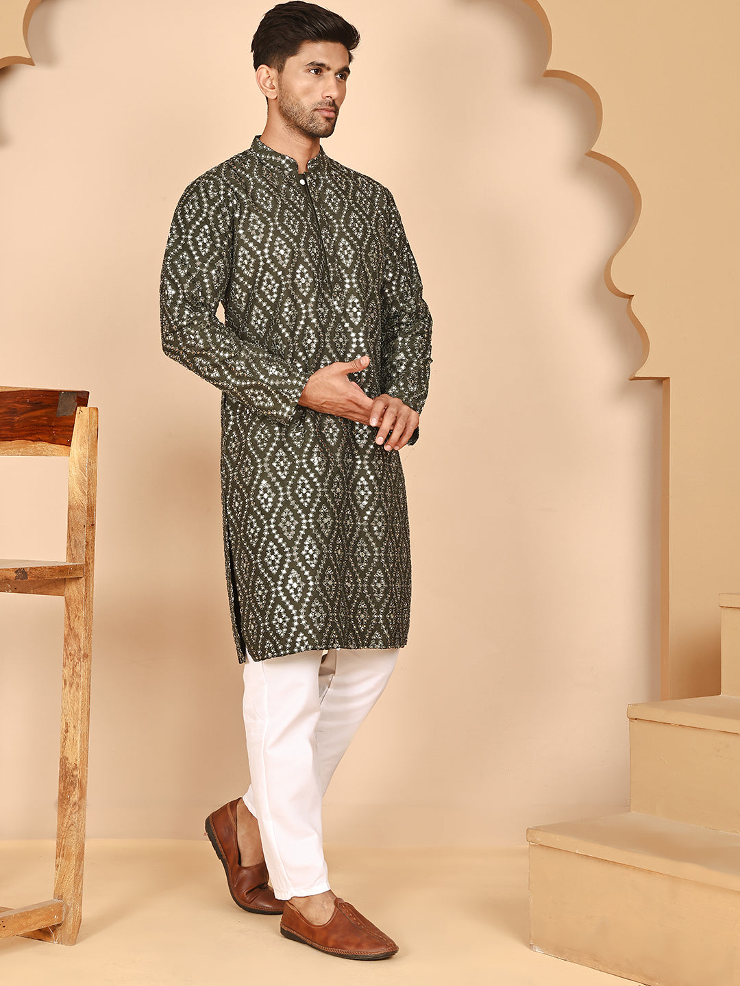 Traditional Mirror Embroidered Kurta Set For Men