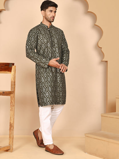 Traditional Mirror Embroidered Kurta Set For Men