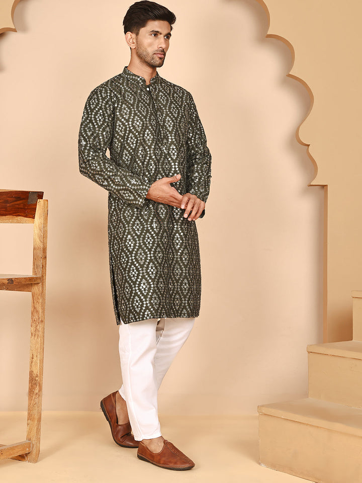Traditional Mirror Embroidered Kurta Set For Men