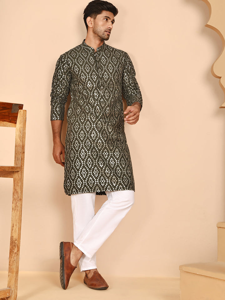 Traditional Mirror Embroidered Kurta Set For Men