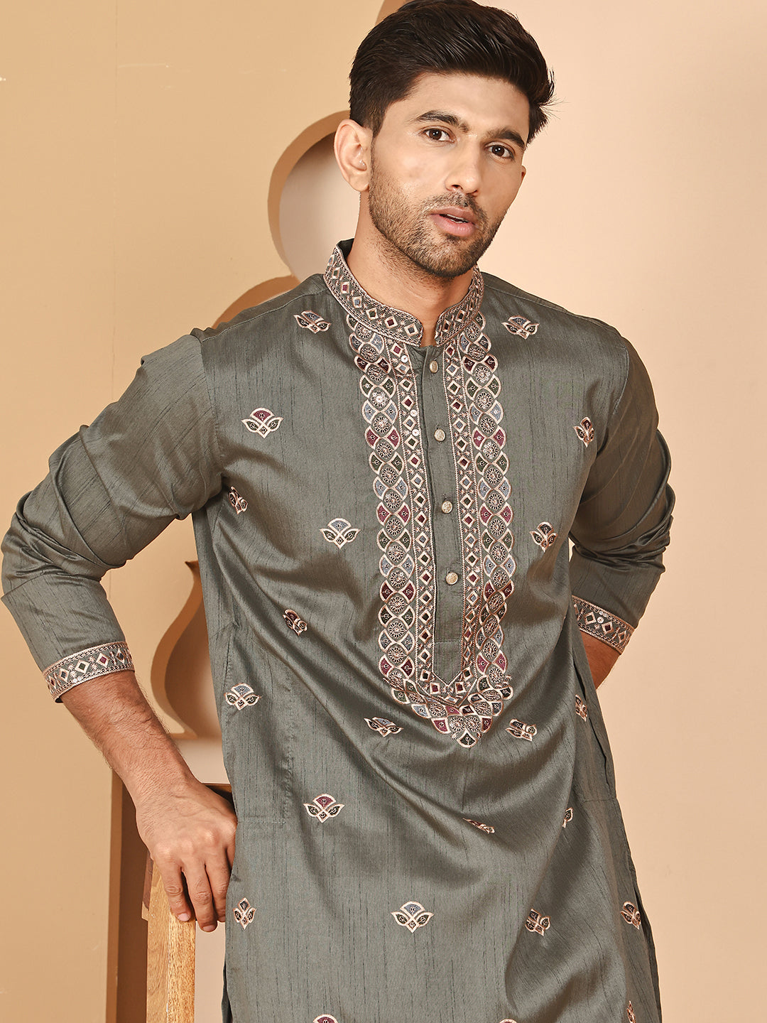 Embroidered Neck Kurta Set For Men