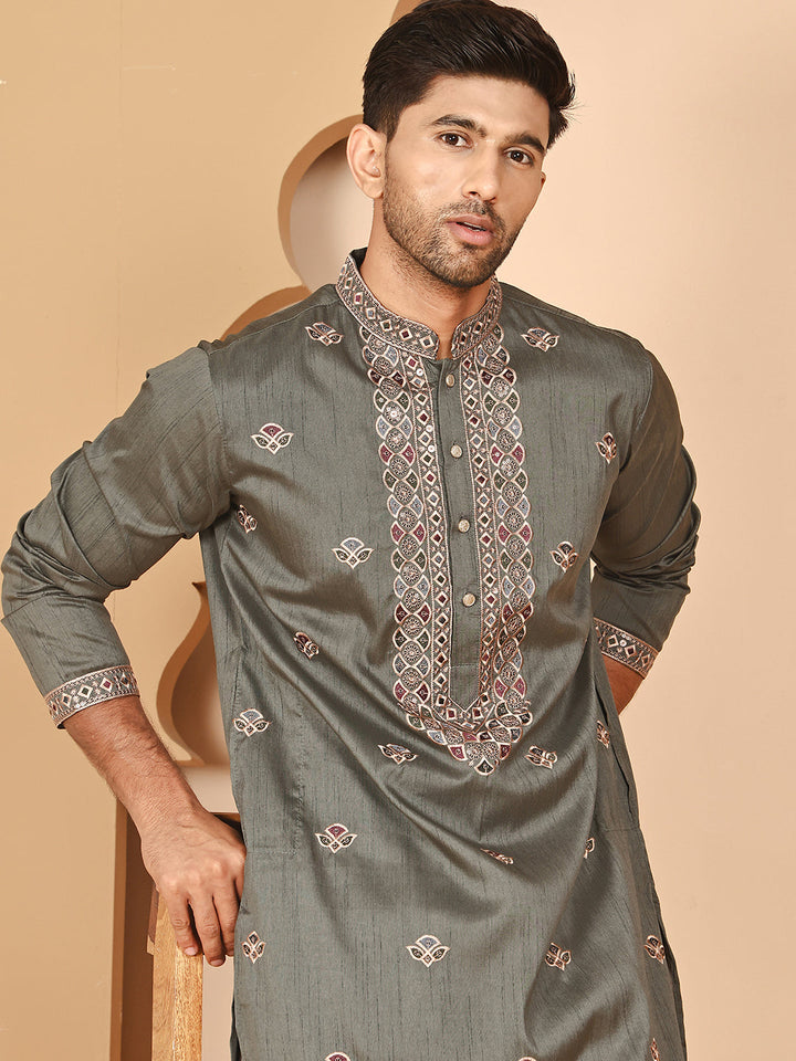 Embroidered Neck Kurta Set For Men